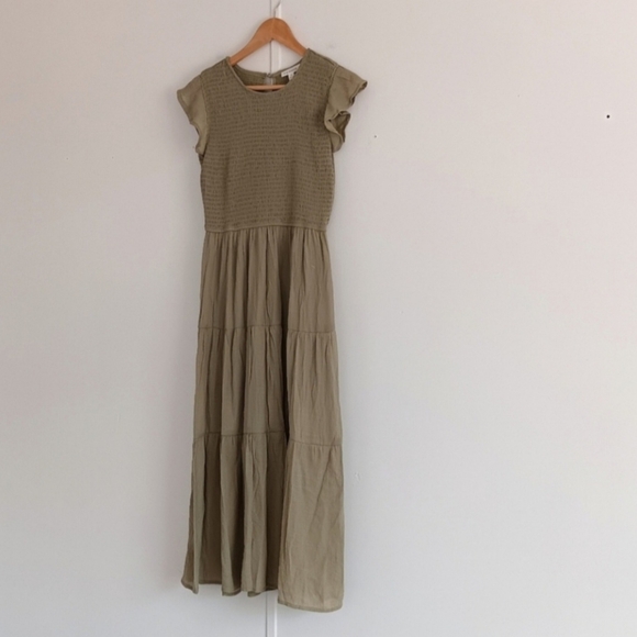 [ Roolee Boho Minimalist Modest Light Olive Green Smocked Ruffled Midi Dress ] - Picture 2 of 15